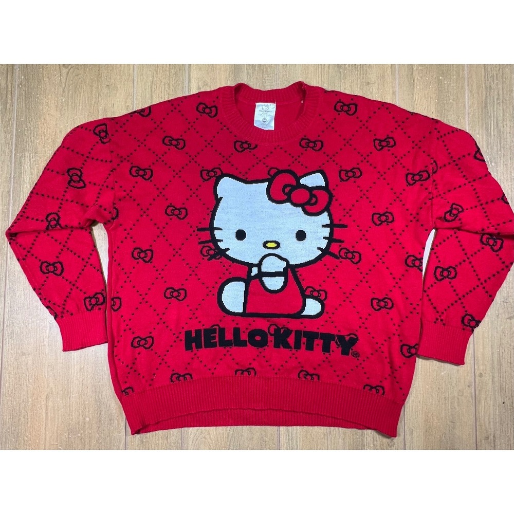 Hello Kitty Sanrio Red Knit Sweater‎ Hybrid Apparel XXL Bow Pattern Pullover